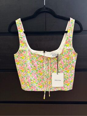 With Jean Floral Corset Crop Top in Pink and Green - 32
